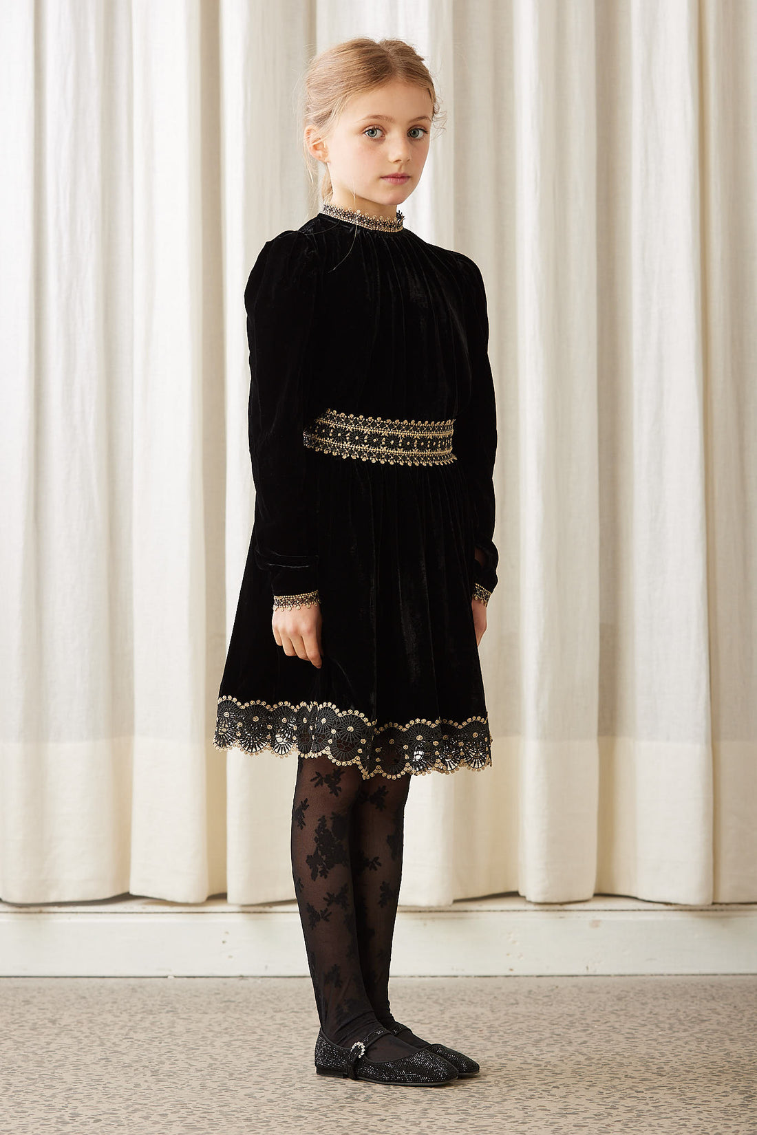 Petite Amalie Black Velvet Metalic Lace Blouse