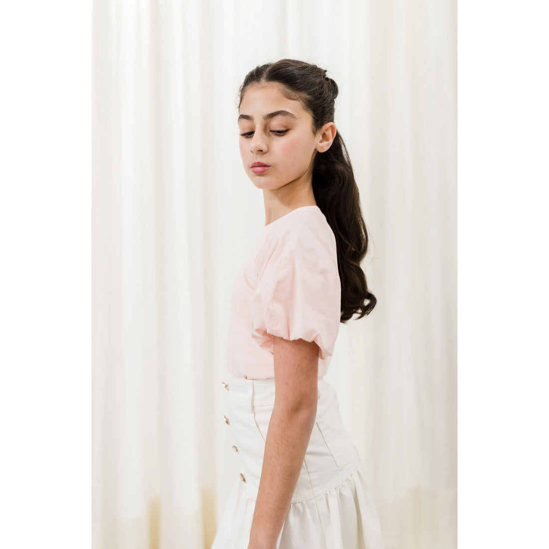 Petite Pink Peach Puff Sleeve Woven Tshirt