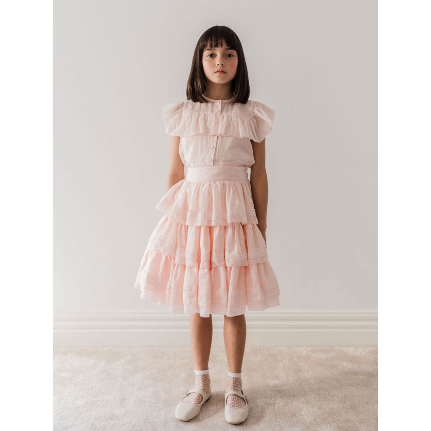 Petite Amalie Soft Peach Ruffle Linen Blouse