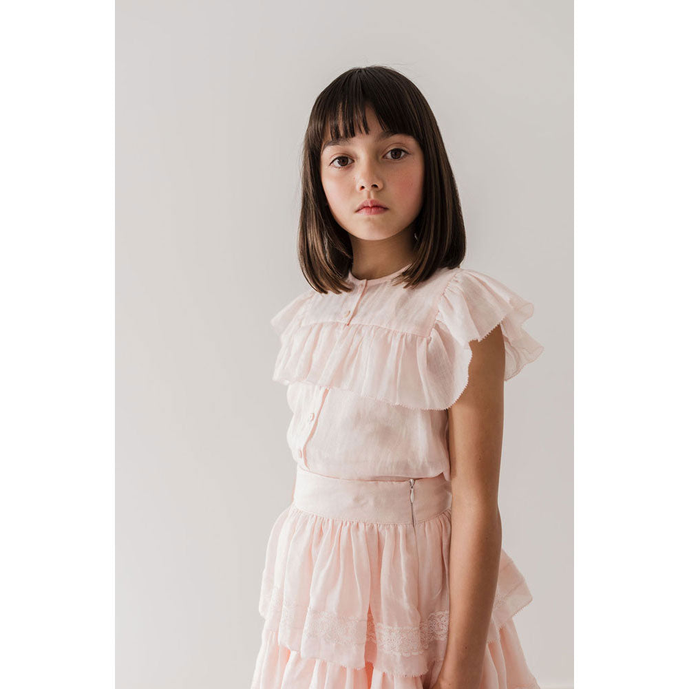 Petite Amalie Soft Peach Ruffle Linen Blouse