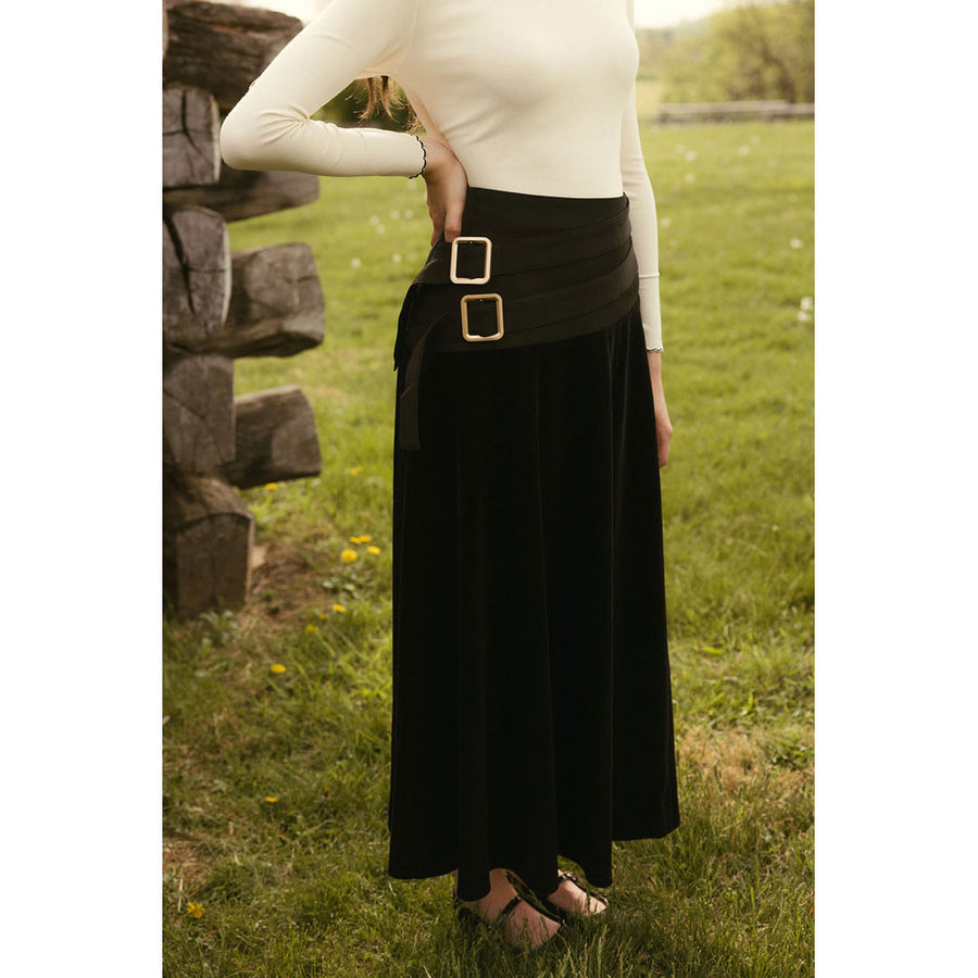 Ava and Lu Black Velvet Buckle Skirt