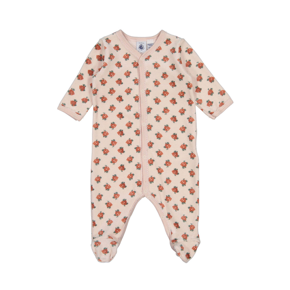 Petit Bateau Pink Velour Front Snap Floral Footie