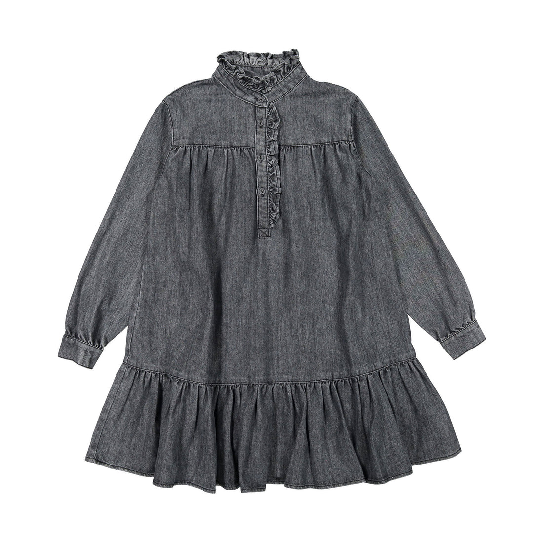 Petite Pink Light Chambray  Ruffle Neck Dress