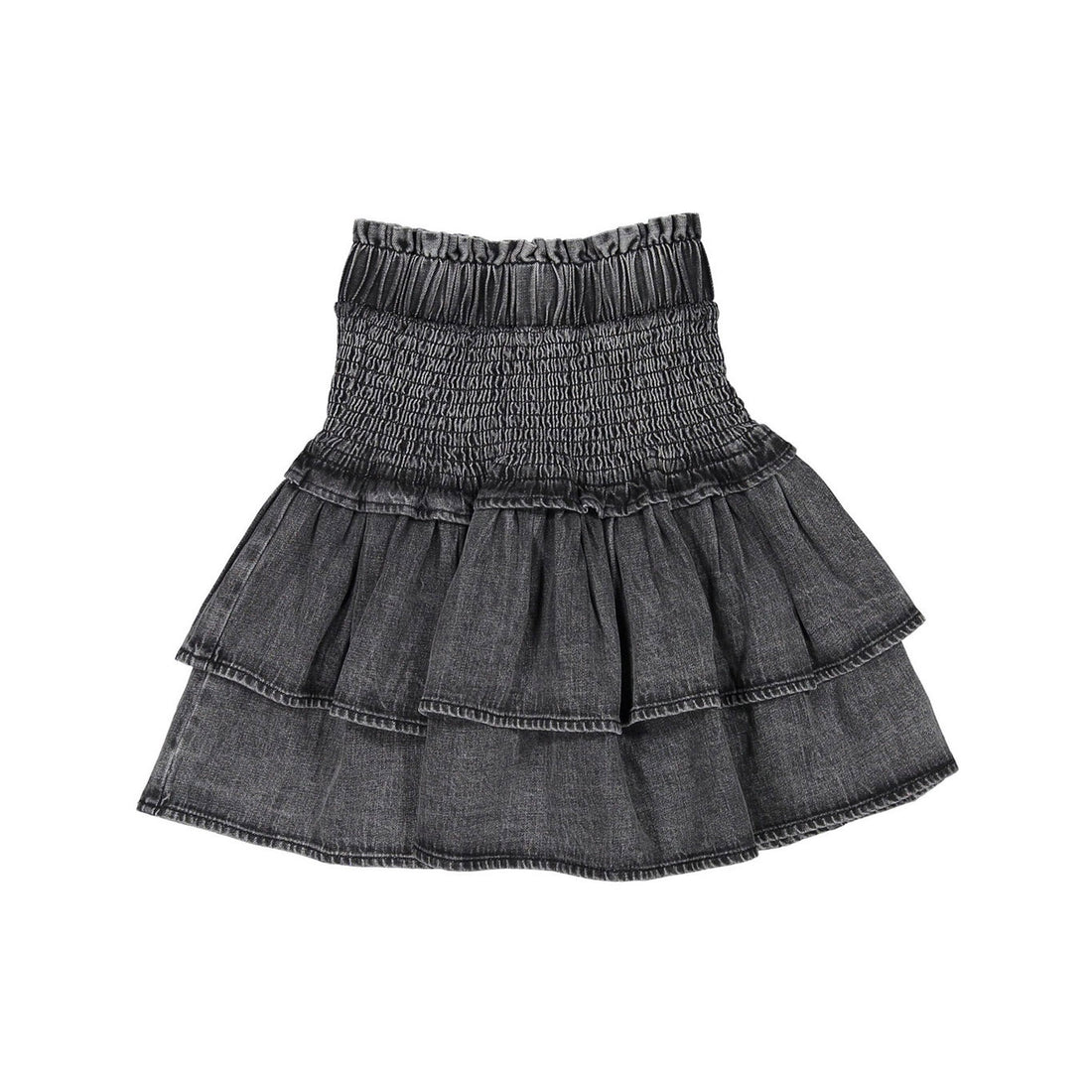 Petite Pink Black Chambray Shirred Tiered Skirt