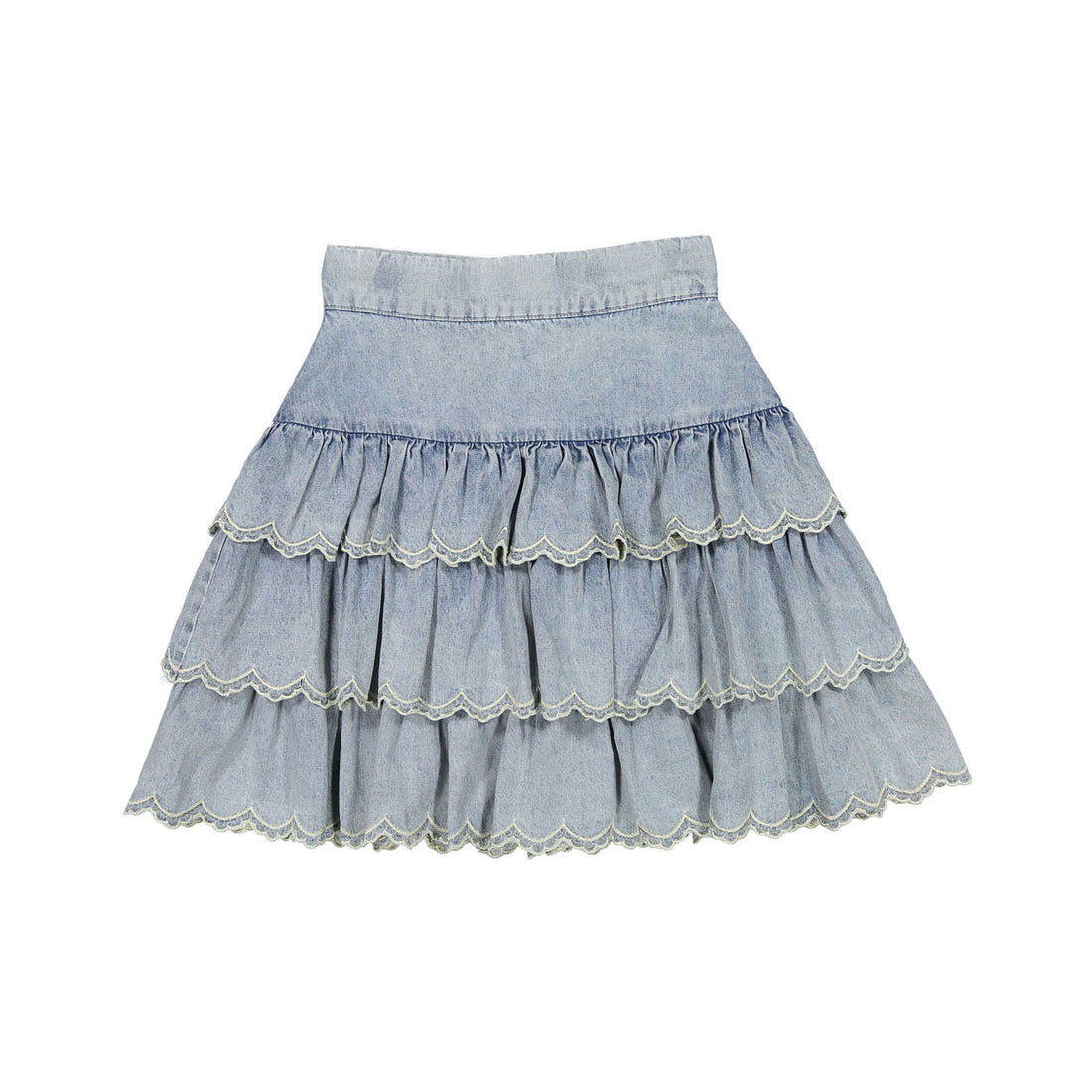Petite Pink Light Chambray Embroidered Edge Tiered Skirt