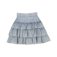 Petite Pink Light Chambray Embroidered Edge Tiered Skirt