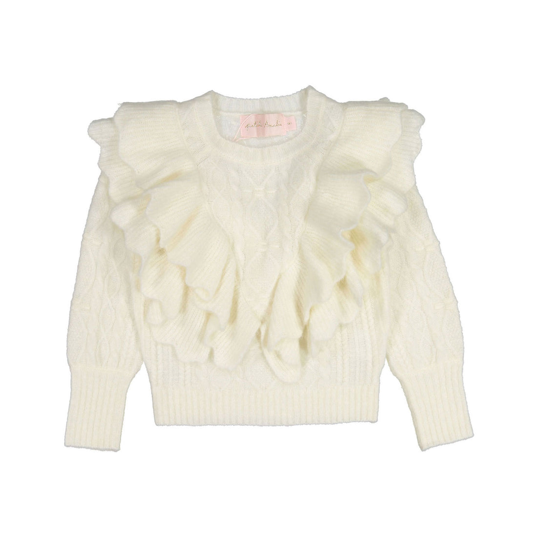 Petite Pink Cream Ruffle Cable Knit Sweater