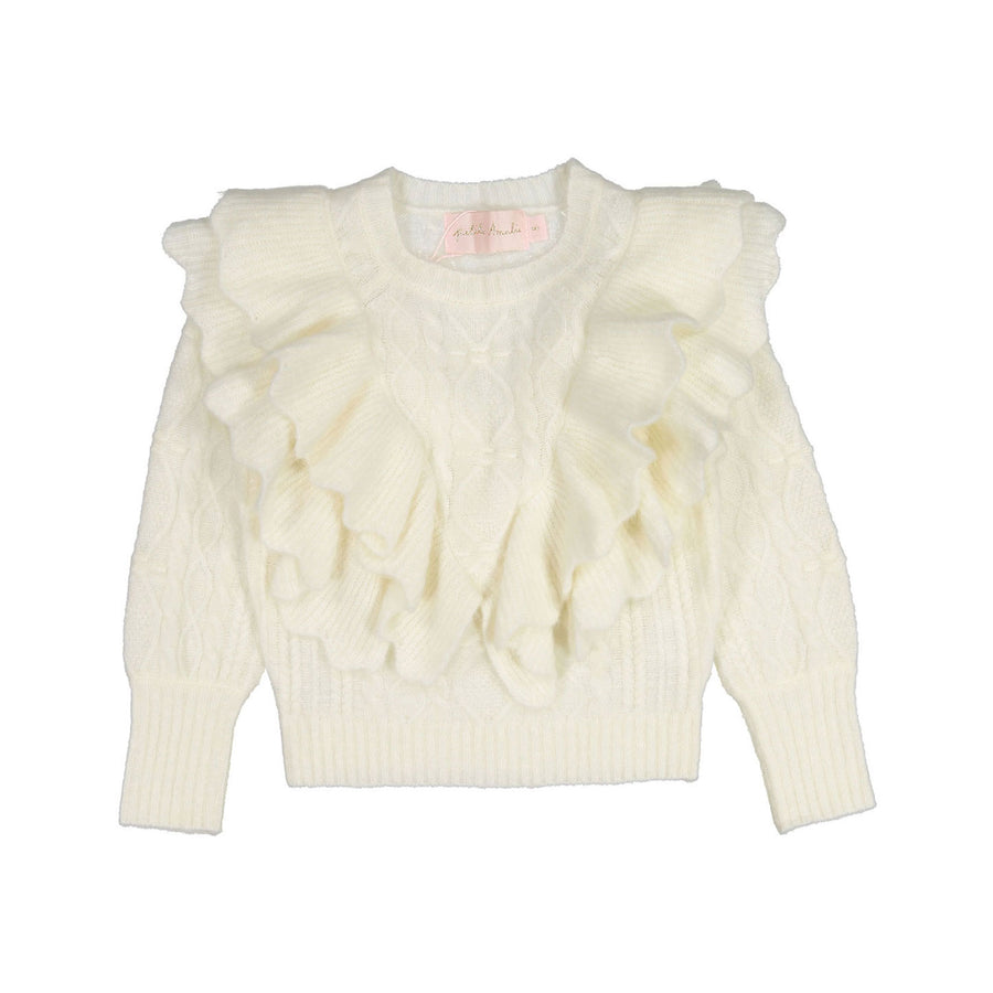 Petite Pink Cream Ruffle Cable Knit Sweater