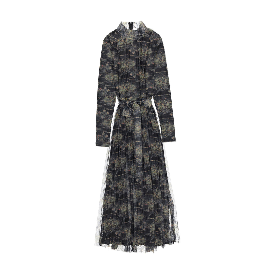 ROWE Black Mesh Printed Pleated Dress