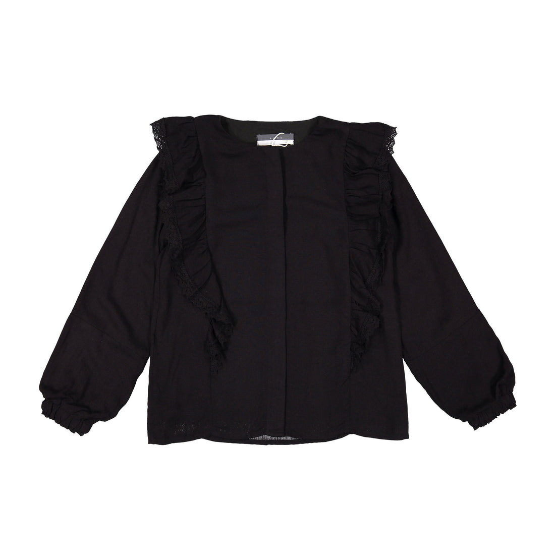 ROWE Black Lace Trim Ruffle Blouse