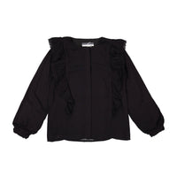ROWE Black Lace Trim Ruffle Blouse