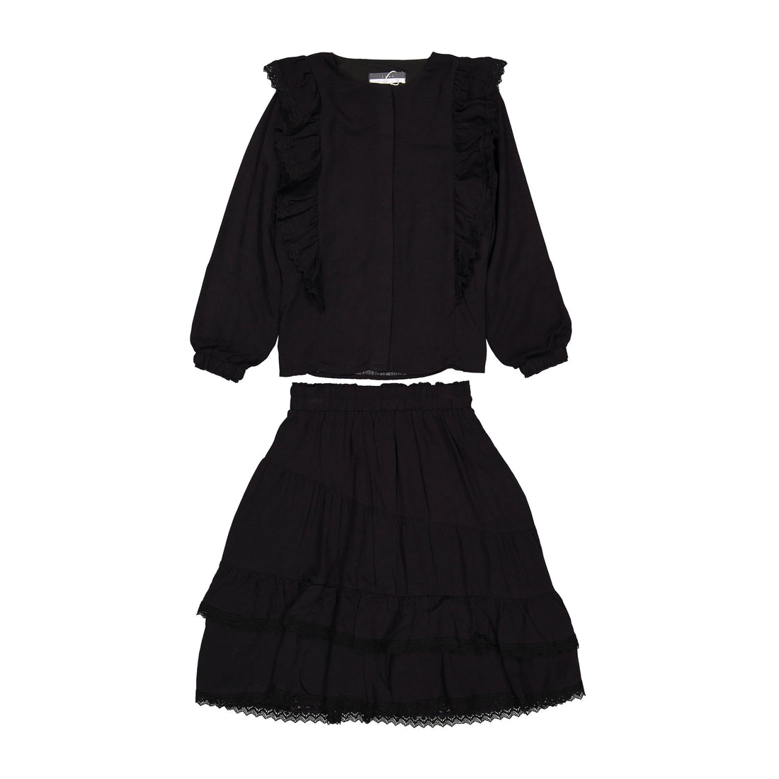 ROWE Black Lace Trim Ruffle Blouse