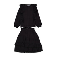 ROWE Black Lace Trim Ruffle Blouse