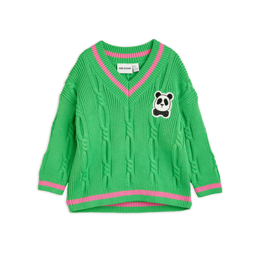 Mini Rodini Green Panda Knitted V-Neck Sweater