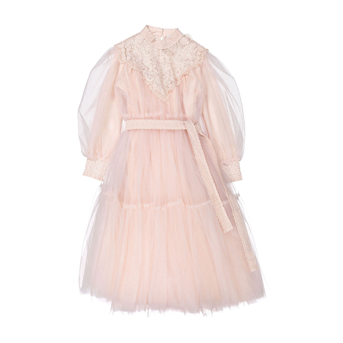 Petite Amalie  Shell Pink Midi Lace Applique Tulle Baydoll Dress