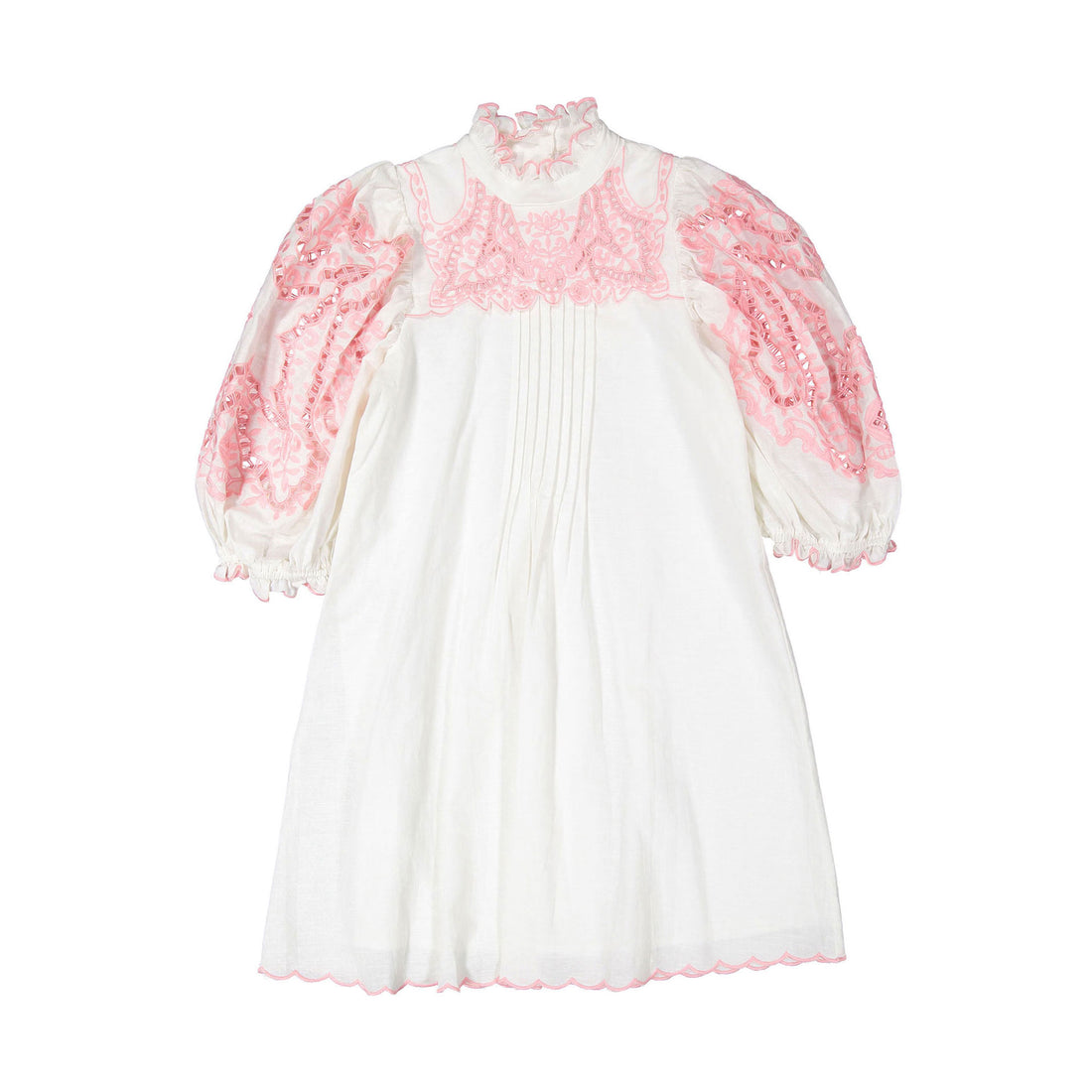 Petite Amalie White/Pink Embroidered Sleeve Linen Smock Dress Ladida Petite Amalie White/Pink Embroidered Sleeve Linen Smock Dress Ladida