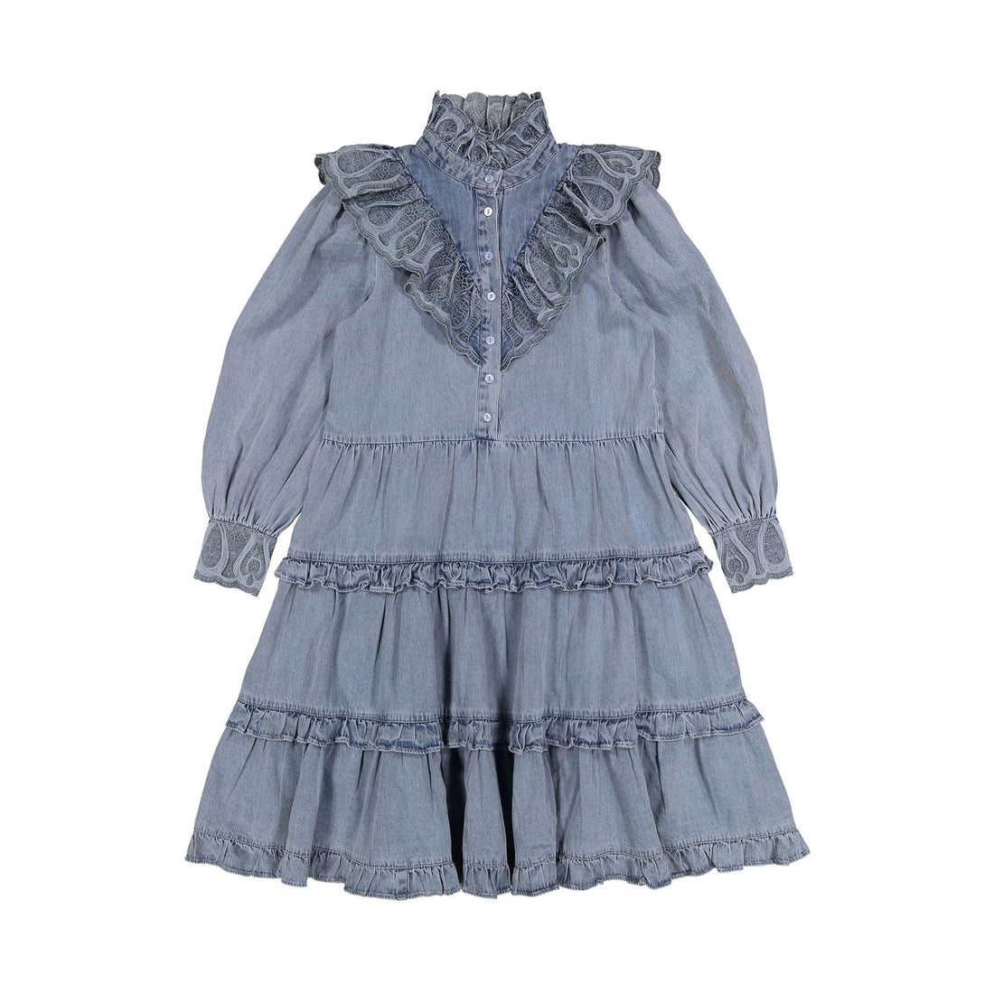 Petite Pink Light Chambray Embroidered Dress With Tiered Skirt