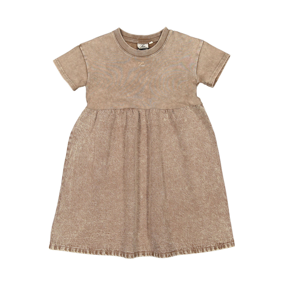 brown denim mini dress Shapeless Silhouette Denim Mini Dress: Washed Apricot
