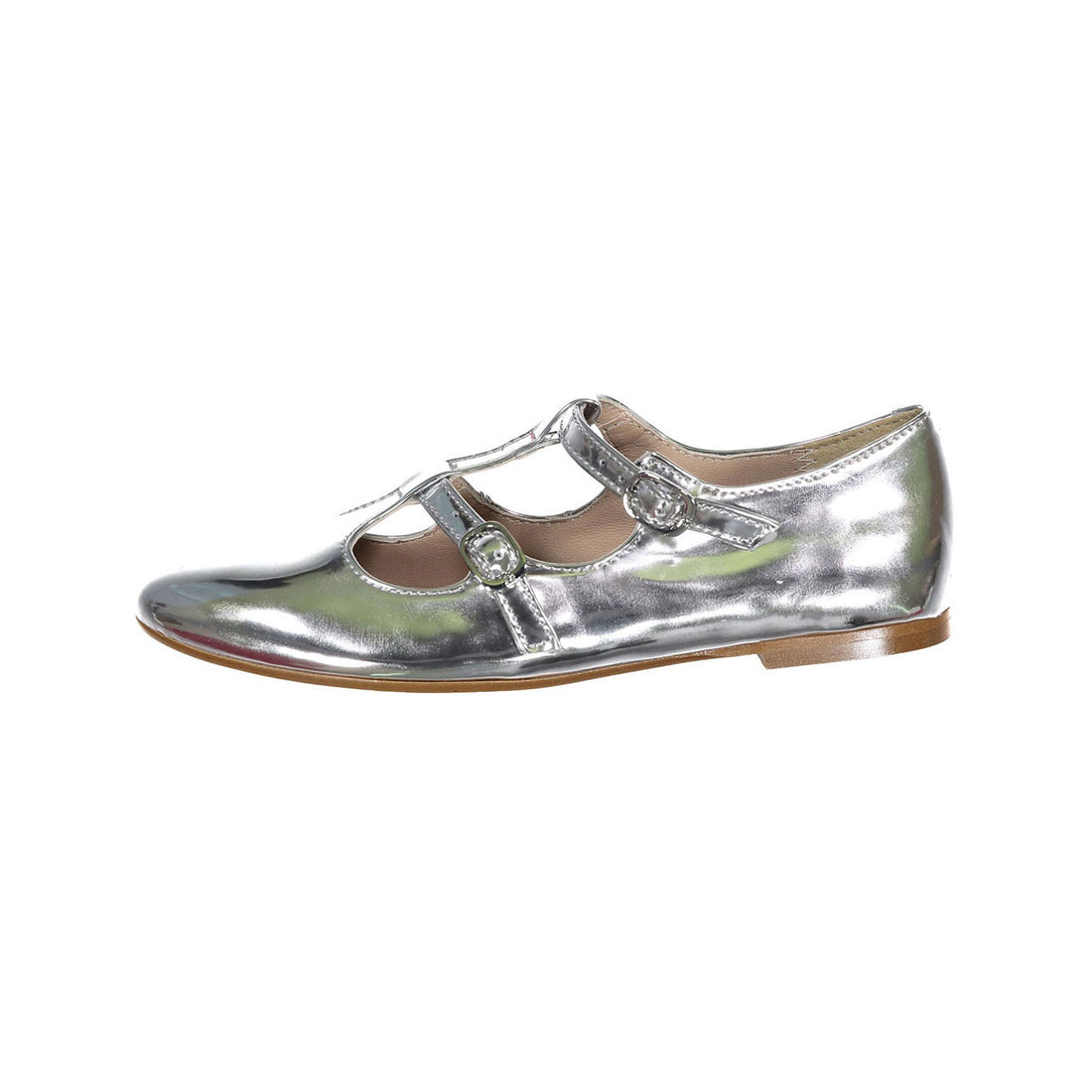 Papanatas Silver Glossy Double T-Strap Flats