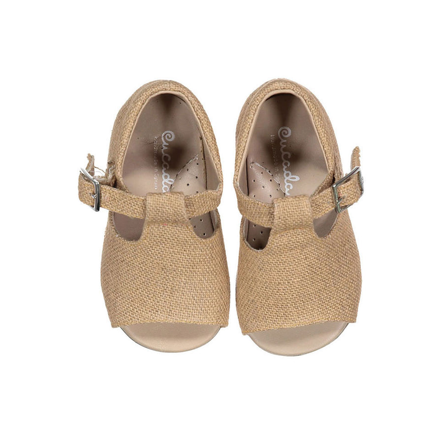 Papanatas Beige Linen Open Toe Baby Sandals