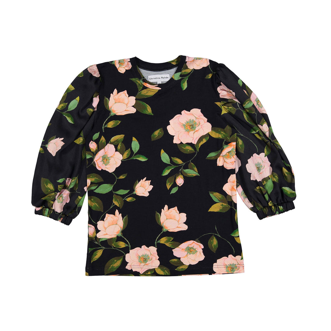 Christina Rohde Black Roses Allover Puff  Sleeve Top