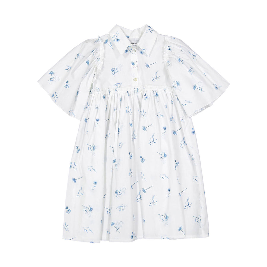 Christina Rohde White/ Blue Floral Flutter Sleeve Dress