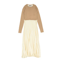 ROWE Brown/Cream Knit Overlay Pleated Dress