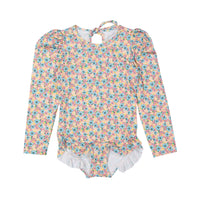 Tocoto Vintage Pink Flowers Ruffle Long Sleeve Swimsuit