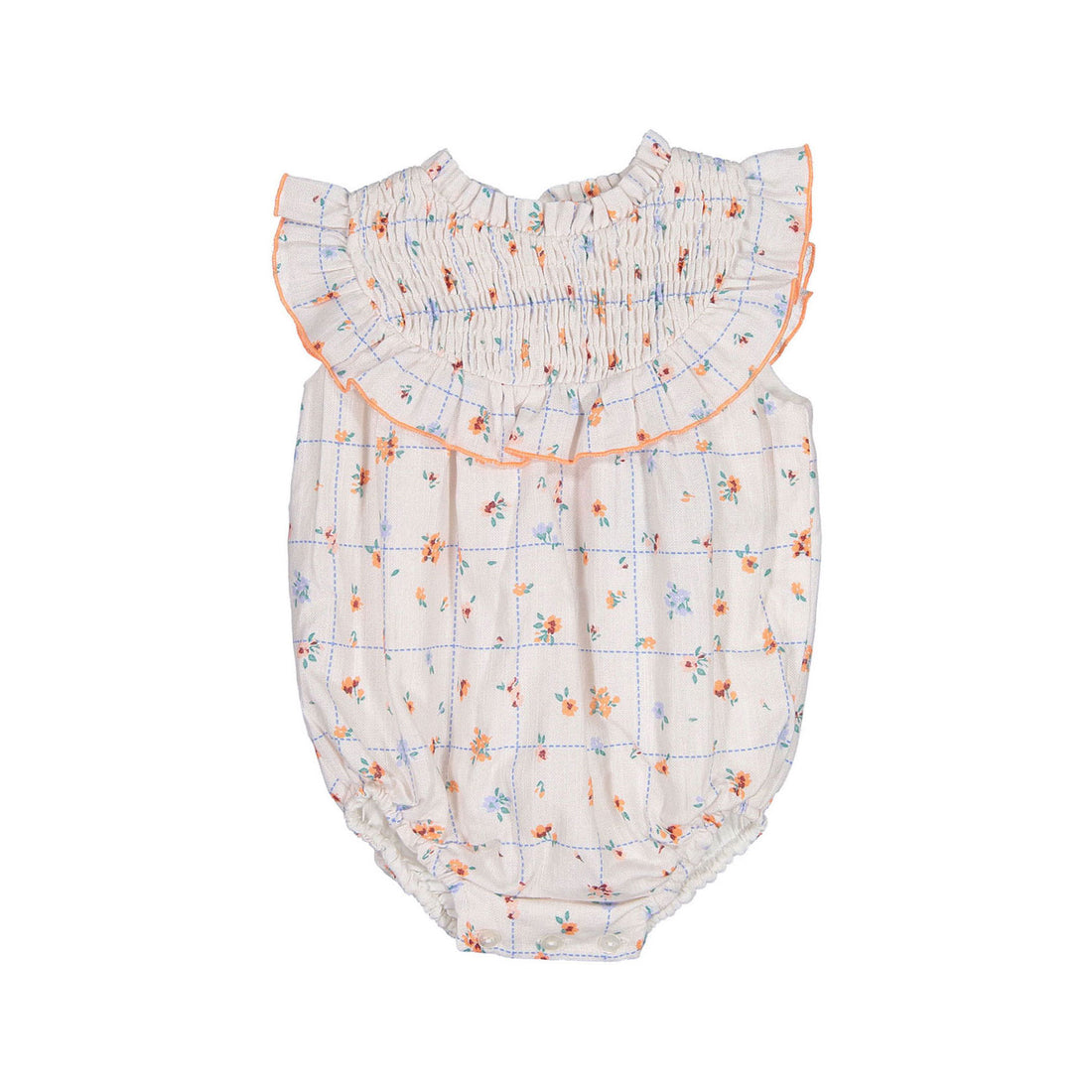 Nueces Coral Flower Plaid Charm Romper