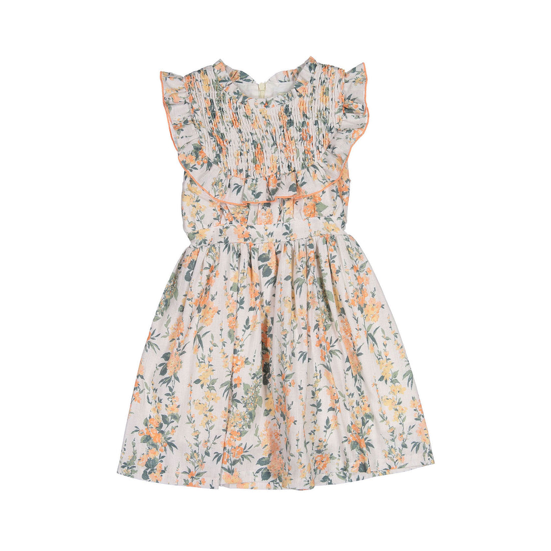 Nueces Coral Flower Charm Smocked Midi Dress