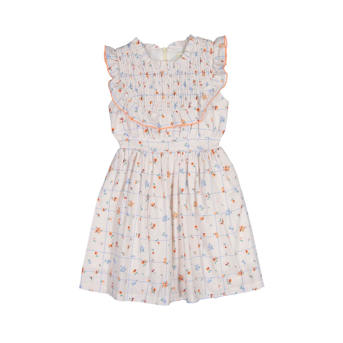 Nueces Coral Flower Plaid Charm Smocked Midi Dress