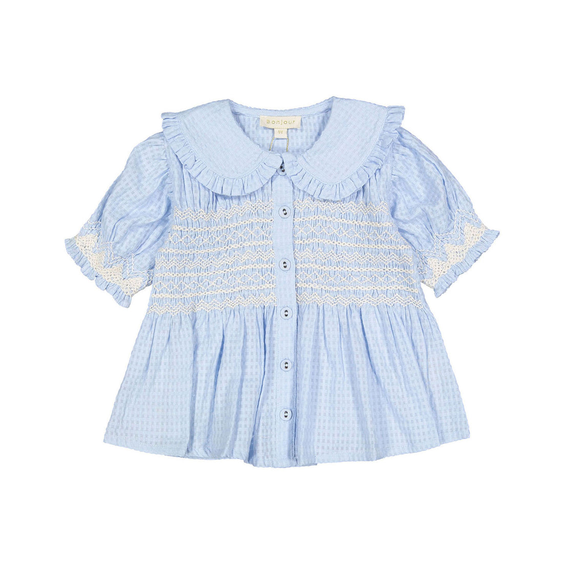 Bonjour Light Blue Organic Check Voile Handsmock Blouse