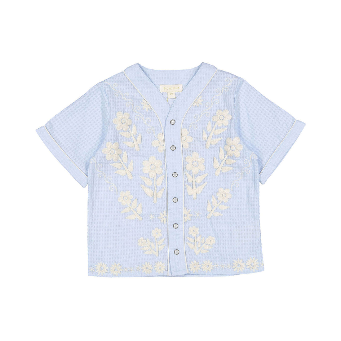 Bonjour Light Blue Organic Check Boy Baseball Shirt