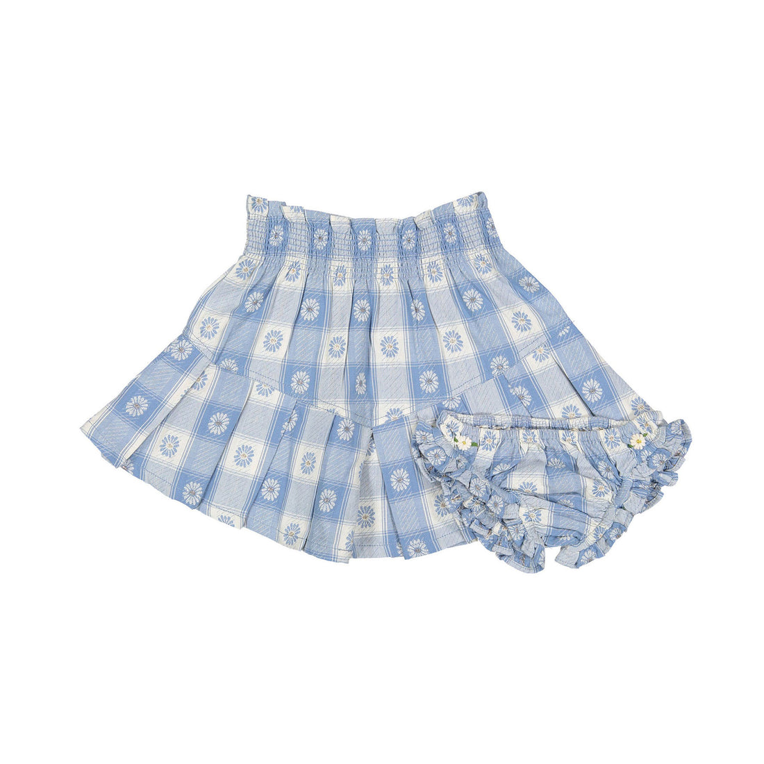 Bonjour Blue Jacquard Flower Check Pleated Skirt + Panty  Set