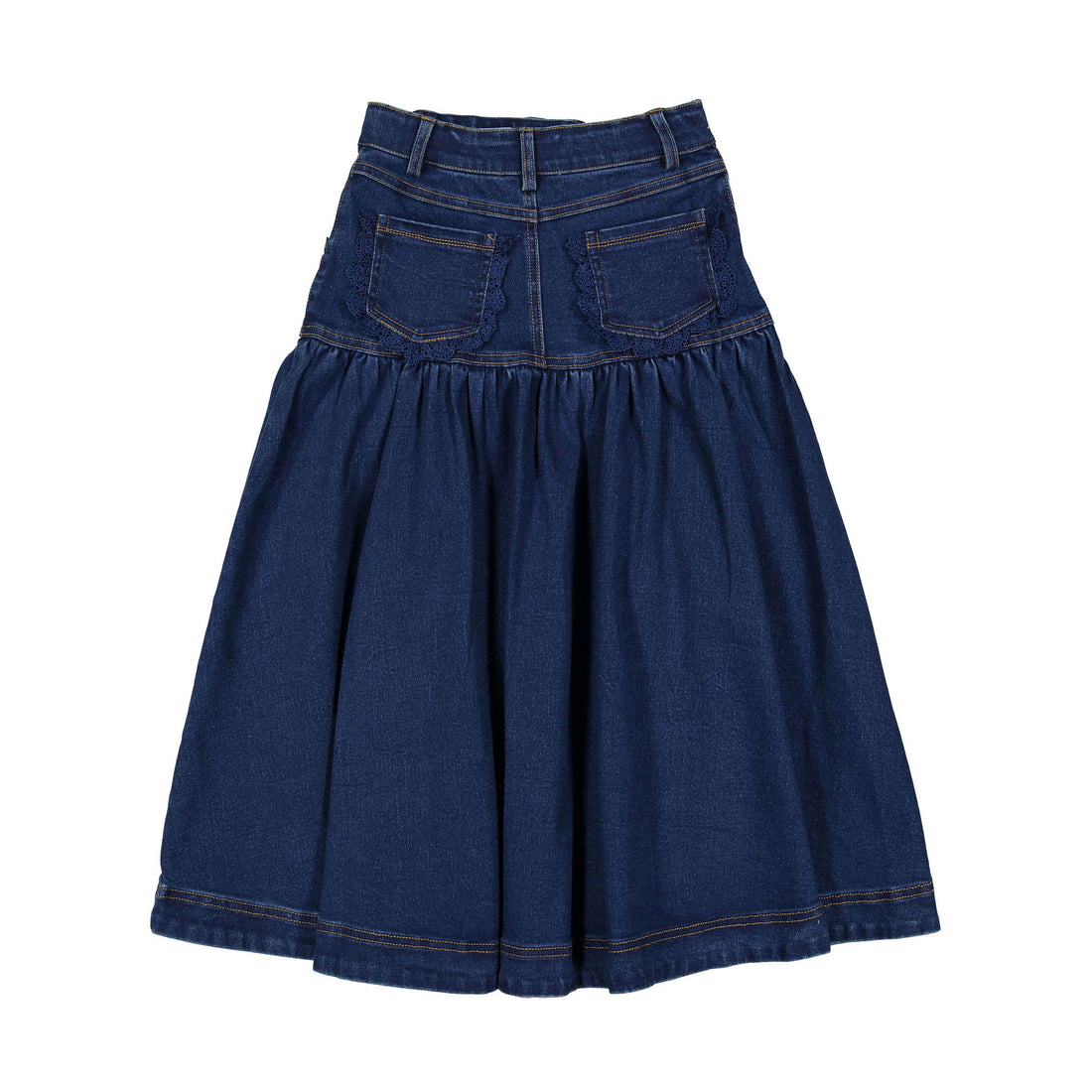 Petite Pink Long Denim Skirt With Lace Pocket