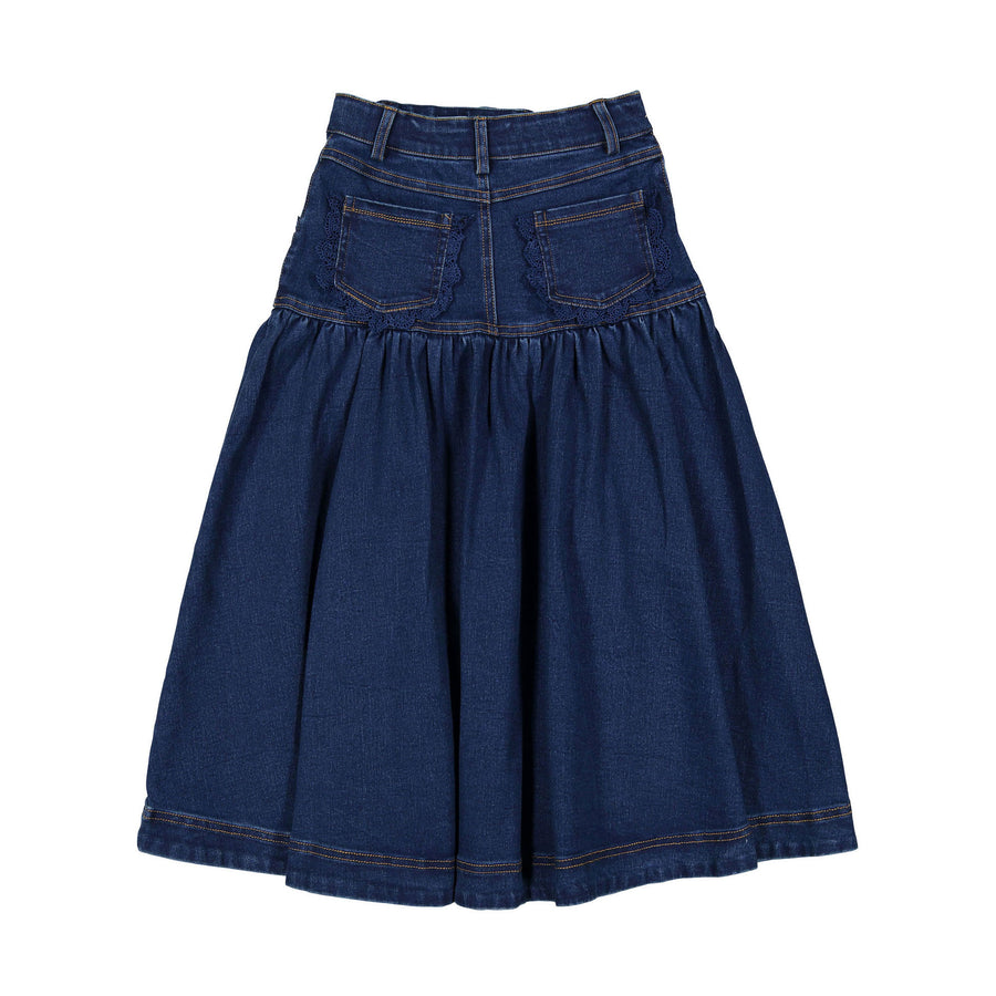 Petite Pink Long Denim Skirt With Lace Pocket