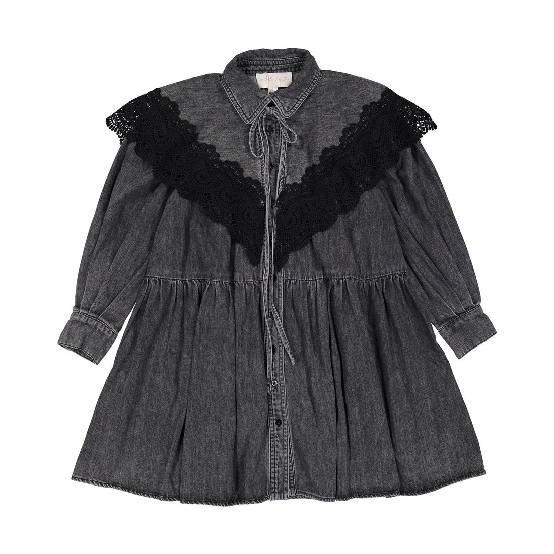 Petite Pink Black Wash Chambray Lace Collar Dress