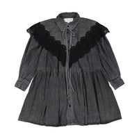 Petite Pink Black Wash Chambray Lace Collar Dress