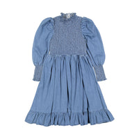 Petite Pink Dark Blue Chambray Shirred Dress