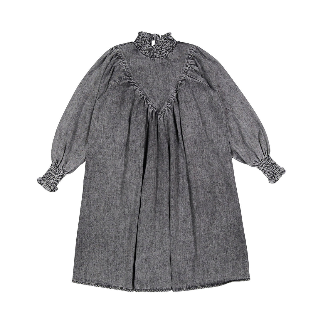 Petite Pink Black Wash Chambray Shirred Neck Babydoll Dress