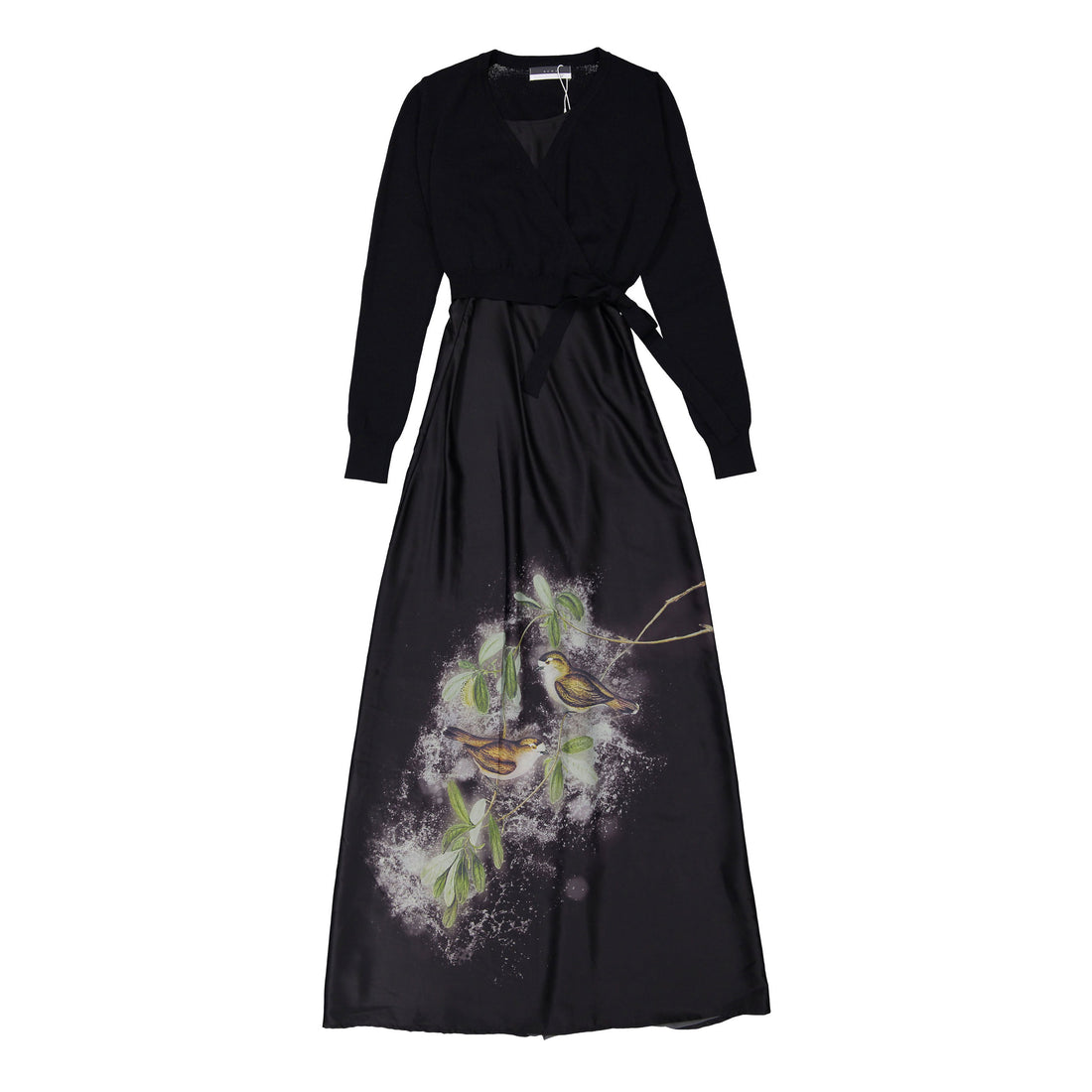 ROWE Black Knit Overlay Bird Printed Slip Dress
