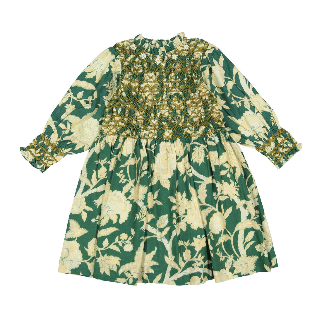 Bonjour Autumnal Green Flower Handsmock Dress