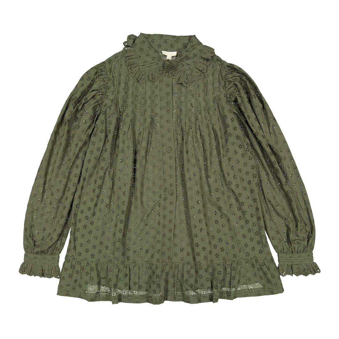 Bonjour Kaki Green Broderie Anglaise Women Blouse