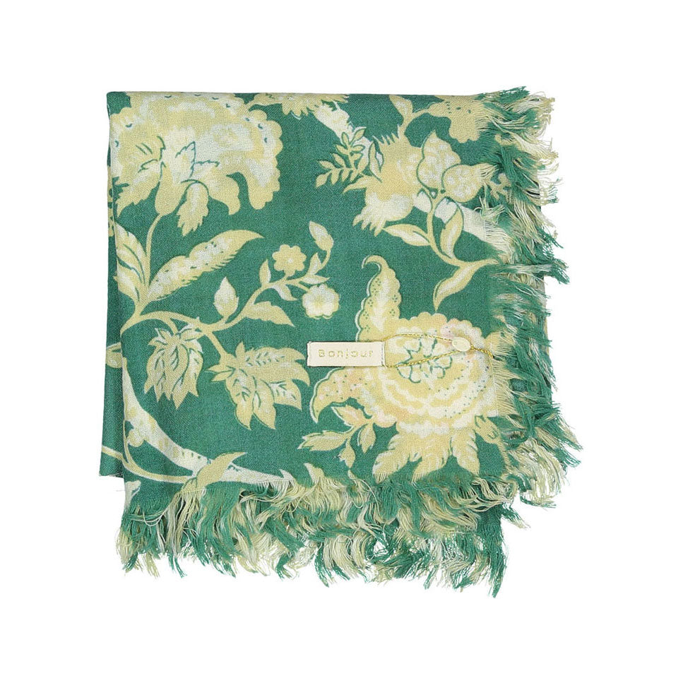 Bonjour Autumnal Green Flower Wool Shawl
