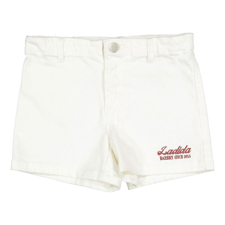 L by Ladida White Denim Bakery Logo Shorts