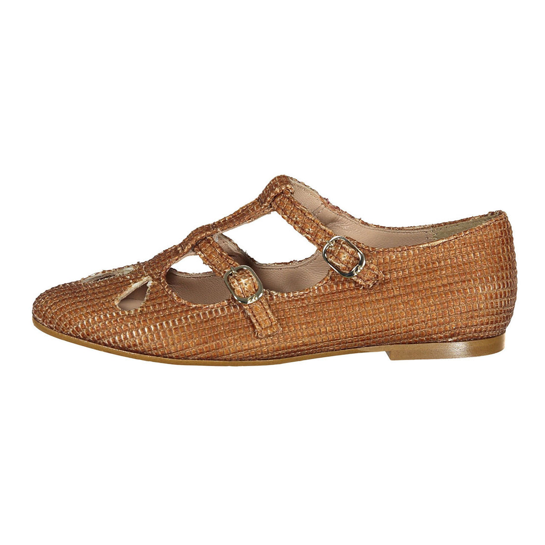 Papanatas Brown Rafia Double T-Strap Flat