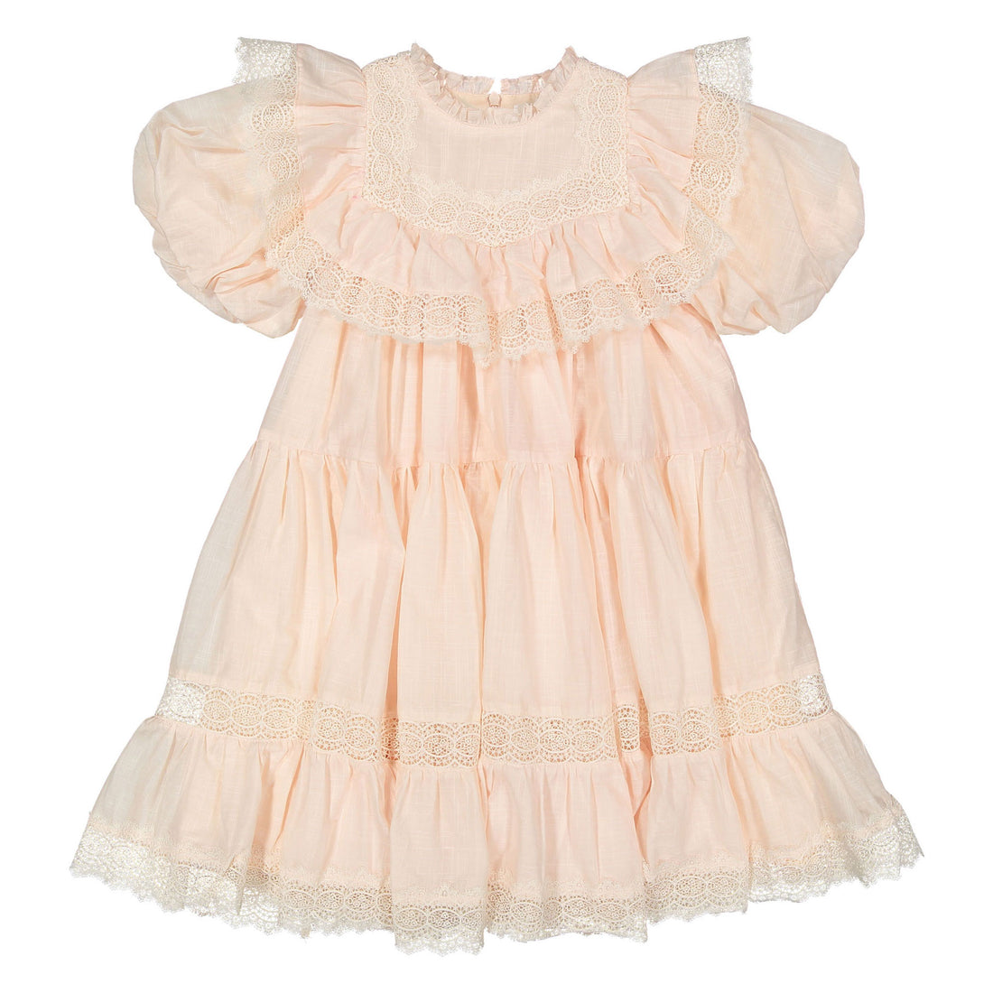 Petite Amalie Soft Peach Poppy Lace Trim Linen Dress