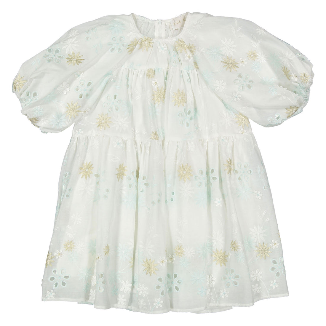 Petite Amalie White/Seafoam Applique Babydoll Dress