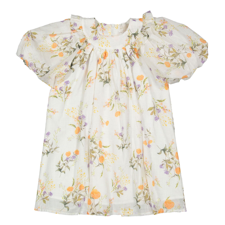 Petite Amalie White Summer Bouquet Linen Smock Dress