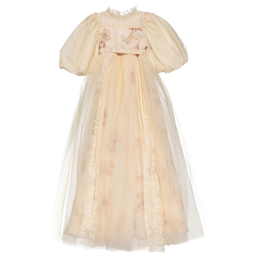 Petite Gold Blush Orchid Tulle And French Lace Gown